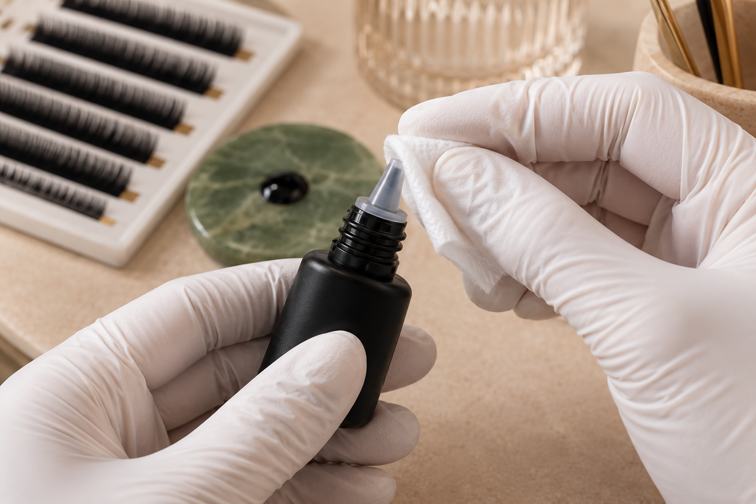 Wimpernstylistin wischt die Spitze der Kleberflasche ab