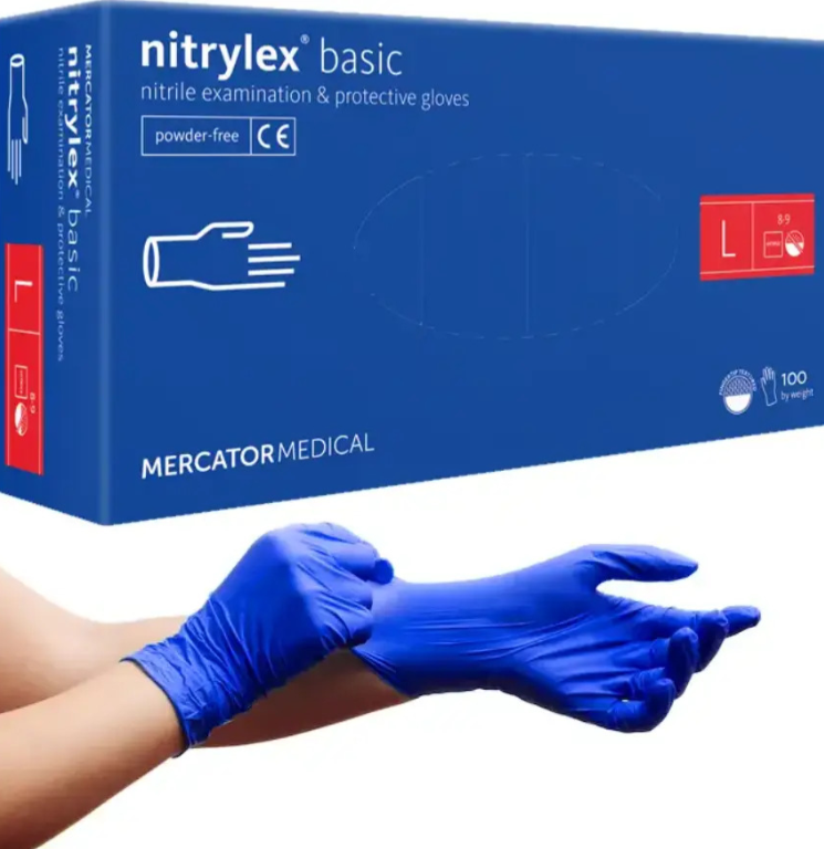 Rękawiczki nitrylowe MERCATOR Nitrylex Basic bezpudrowe L, (100 szt./op.), niebieskie