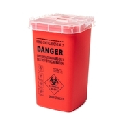 Receptacle for disposable waste products (needles, cartridges), red